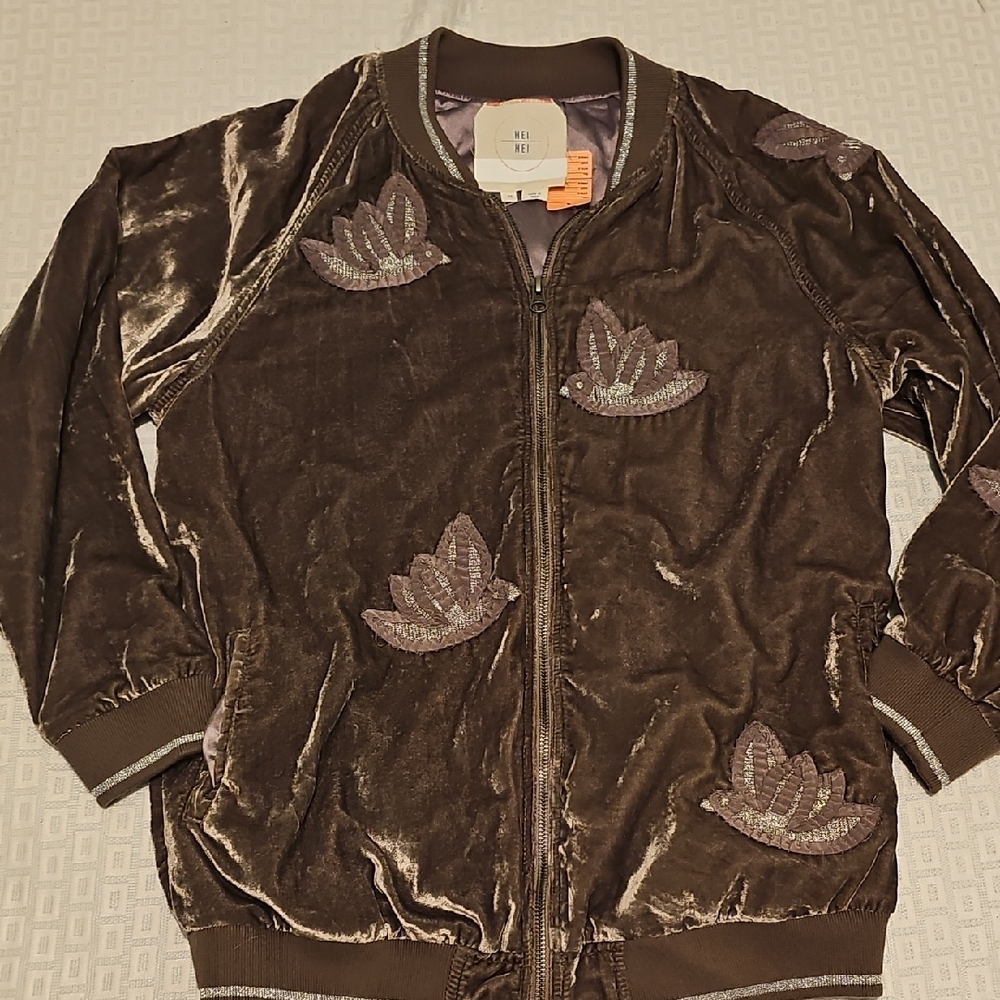 Anthropologie Hei Hei West End Taupe Velvet Jacket Bird Embroidered Bomber XS